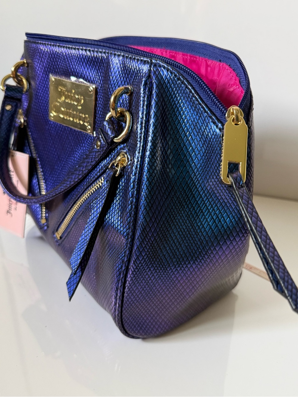 Juicy Couture Blue/Purple Metallic Juicy Hot Pink Interior Satchel Purse NWT - Picture 10 of 14